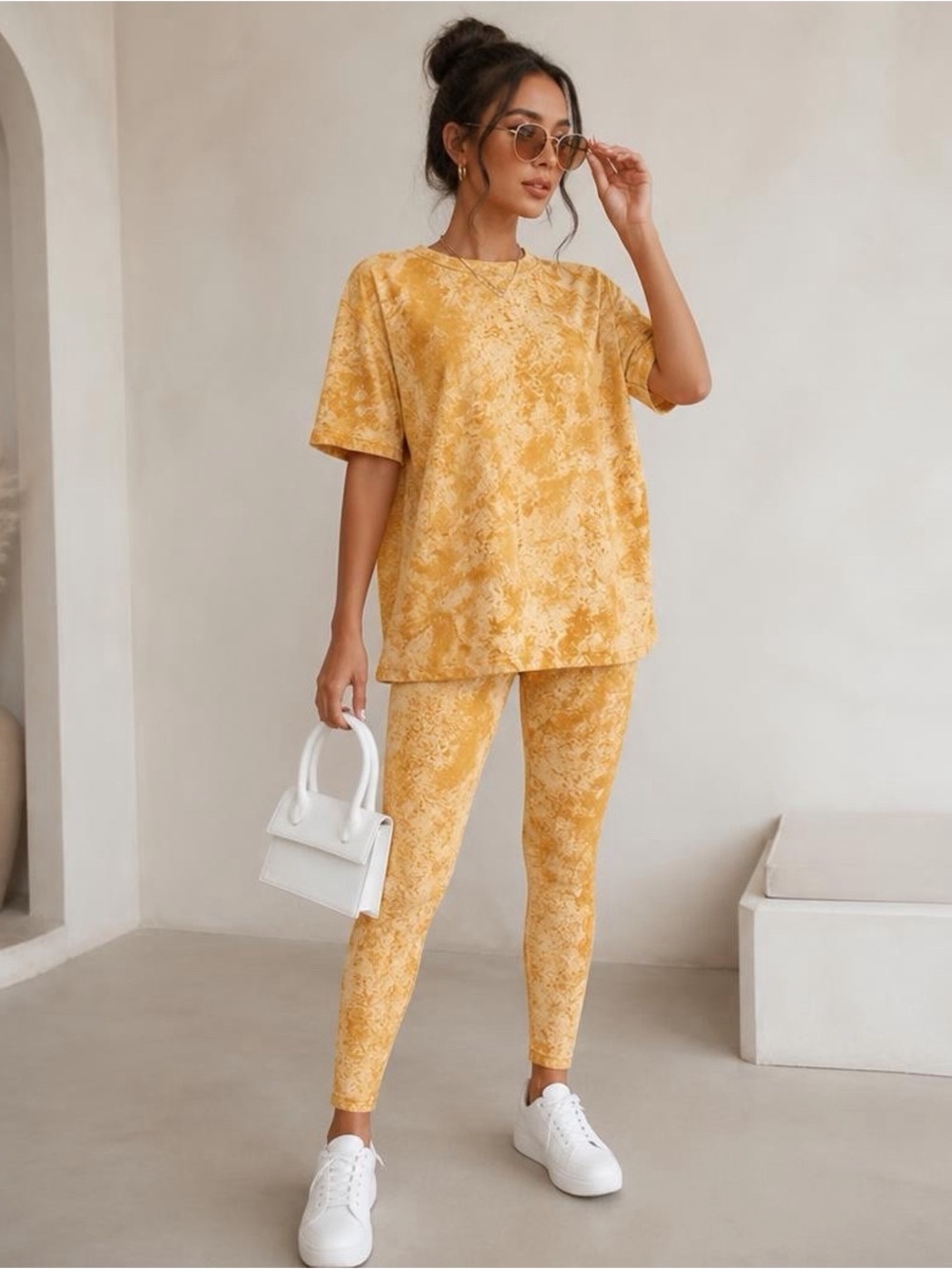 Mustard Camo tie dye Yellow Two-Piece Lounge Set – Oversized Top & Leggings